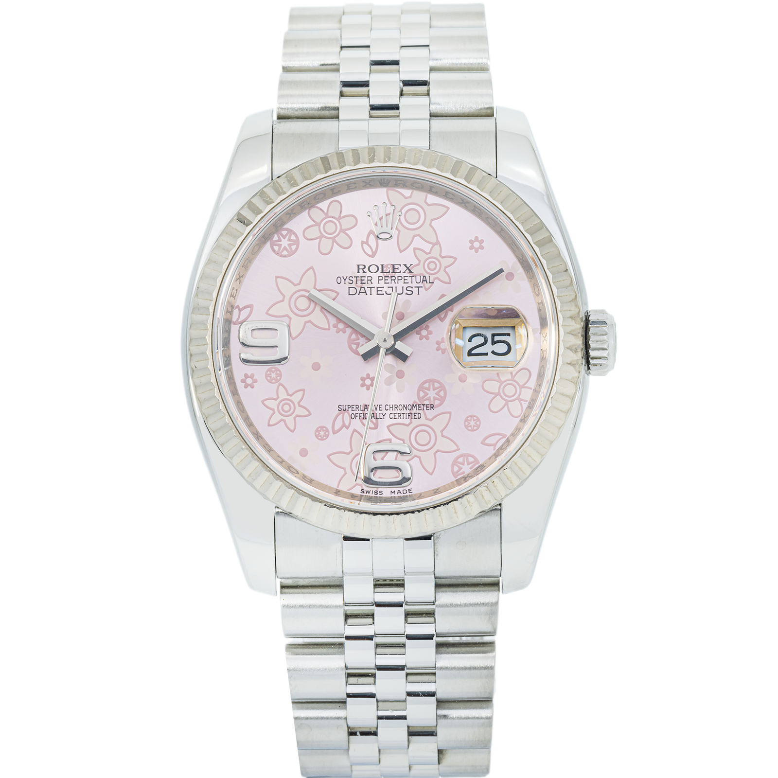 Pre-Owned-Rolex-Datejust-36-116234-Pink-Floral-Motif-Arabic-Dial-White-Gold-Fluted-Bezel-JD-Watches-NY.png Rolex Datejust 36 116234 – Pink Floral Motif Arabic Dial, White Gold Fluted Bezel - Image 1
