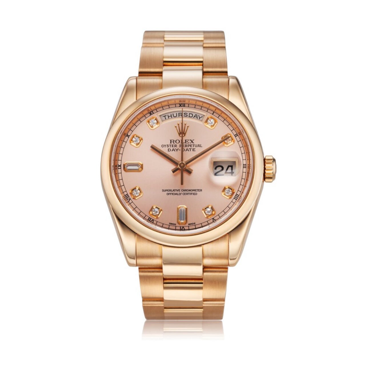 Pre-Owned-Rolex-Day-Date-36-Pink-Gold-with-Diamond-Dial-Ref_-118205-JD-Watches-NY.jpg Rolex Day-Date 36 – Pink Gold with Diamond Dial Ref. 118205 - Image 1