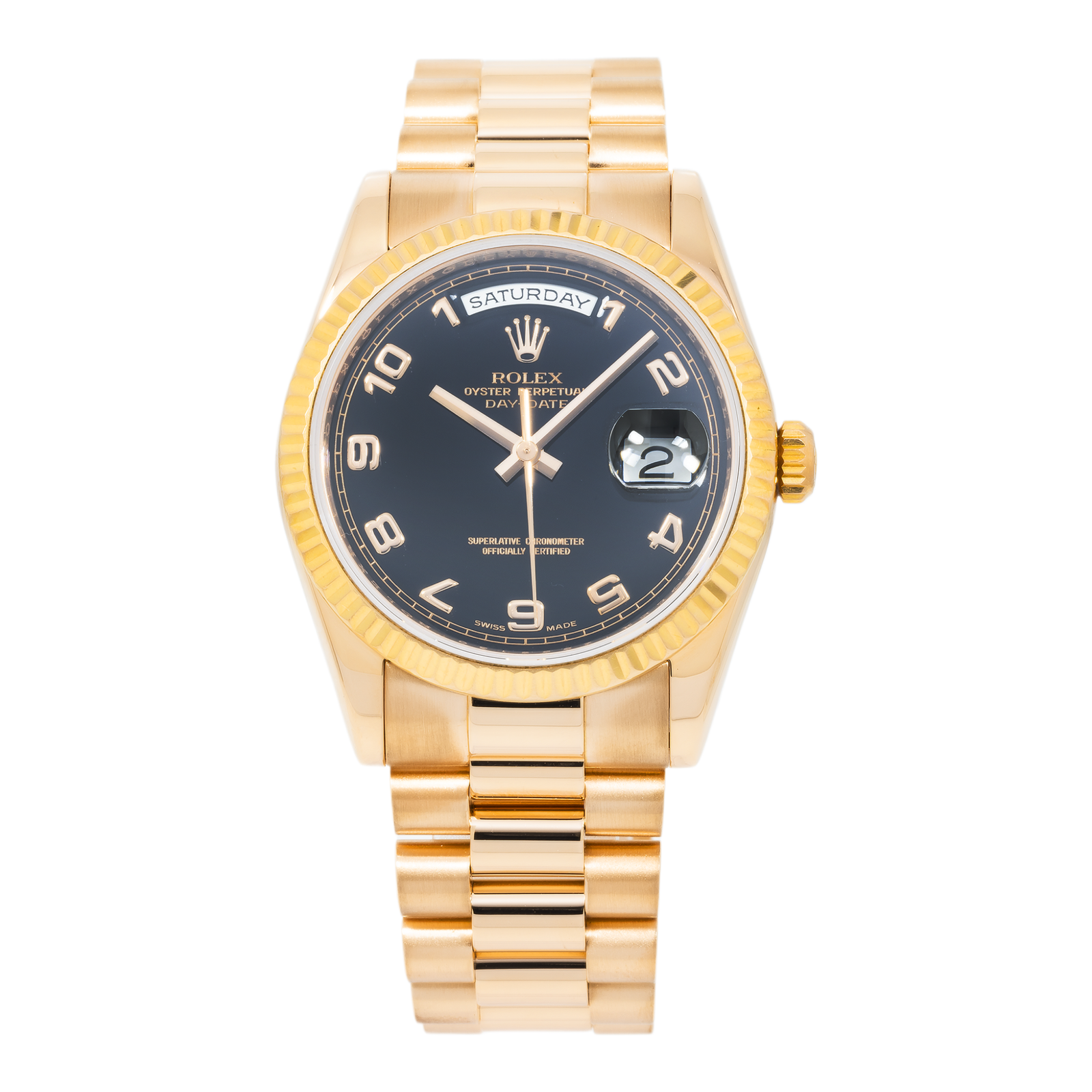 Pre-Owned-Rolex-Day-Date-36mm-118235-Everose-Gold-Black-Arabic-Dial-President-Bracelet-Mens-Watch-Year-2000-to-2005-JD-Watches-NY.png Rolex Day-Date 36mm 118235 Everose Gold Black Arabic Dial President Bracelet Men’s Watch (Year: 2000 to 2005) - Image 1