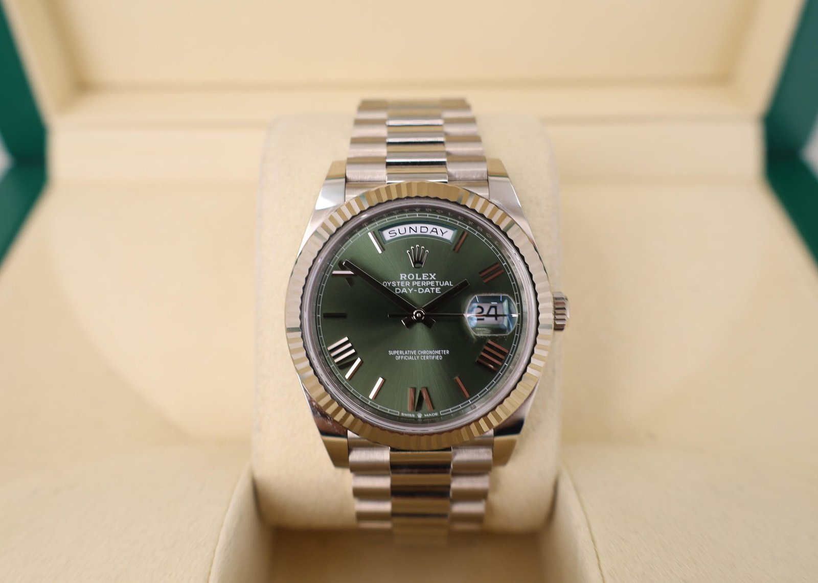 unnamed_9592e47e-dd36-4249-baf2-e6db2c49820a-scaled-1.jpg Rolex White Gold Day-Date 40 Watch - Fluted Bezel - Olive Green Bevelled Roman Dial - President Bracelet - 228239 ogrp - Image 1